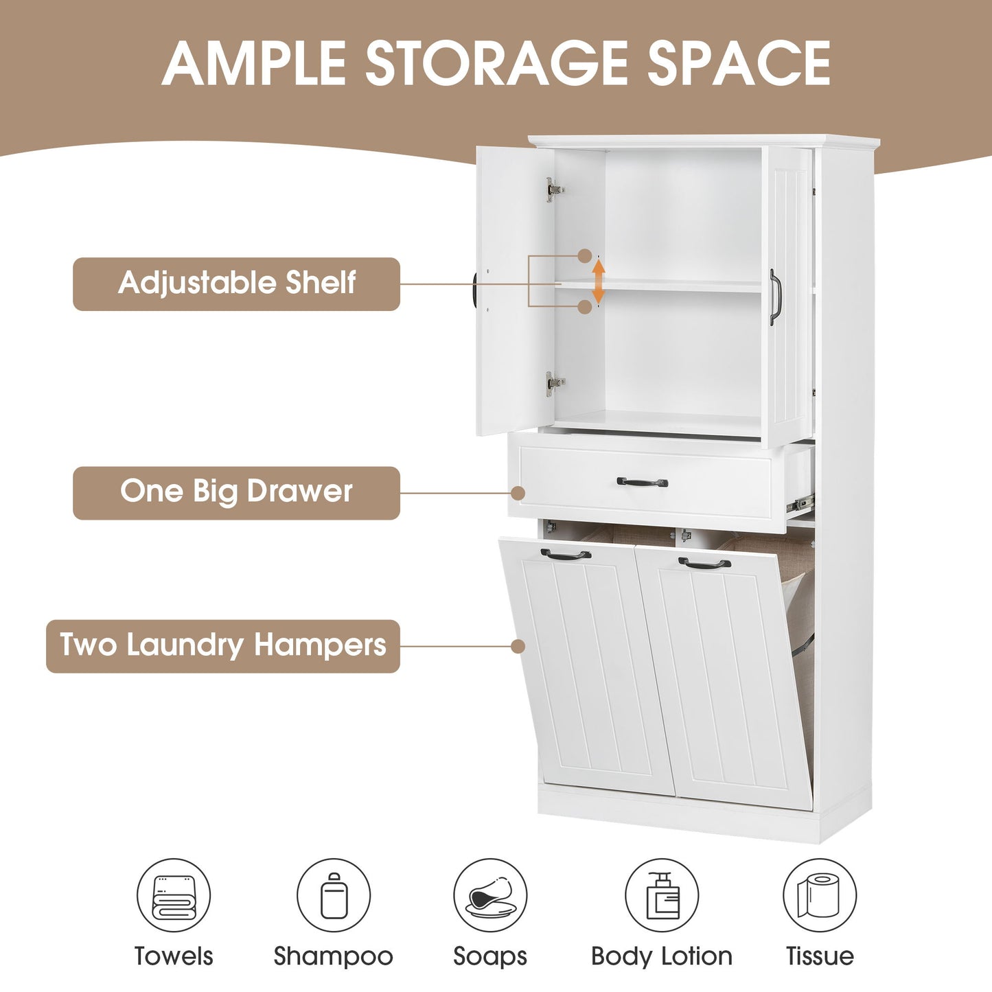 Modern Bathroom Storage Cabinet With 2 Laundry Baskets, 1 Drawer, Adjustable Shelf - White