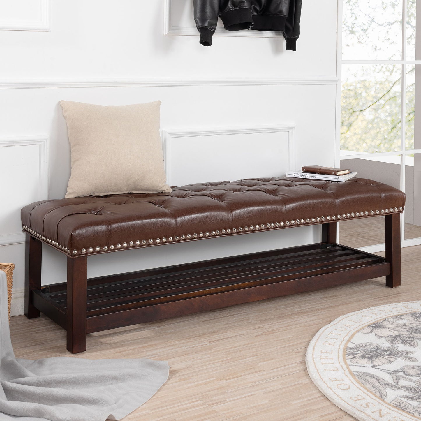 Bedroom End Of Bed Bench Tufted Upholstered End Of Bed Bench End Of Bed Entrance Shoe Bench, 60" With Nailhead Trim And Shelf Bedroom Upholstered Leather Bench Living Room Shoe Rack Footstool - Dark Brown