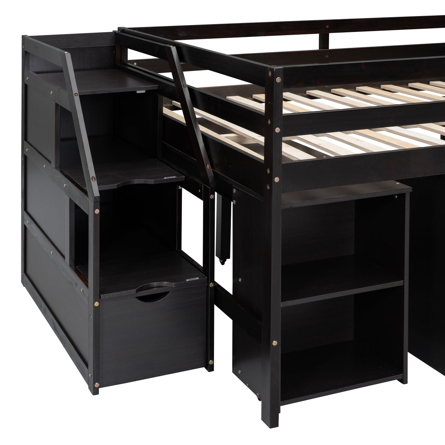 Full Size Loft Bed With Retractable Writing Desk And 3 Drawers With Storage Stairs And Shelves - Espresso