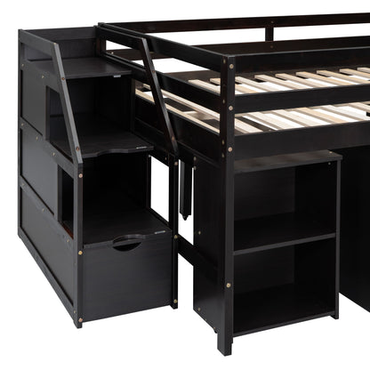Full Size Loft Bed With Retractable Writing Desk And 3 Drawers With Storage Stairs And Shelves - Espresso