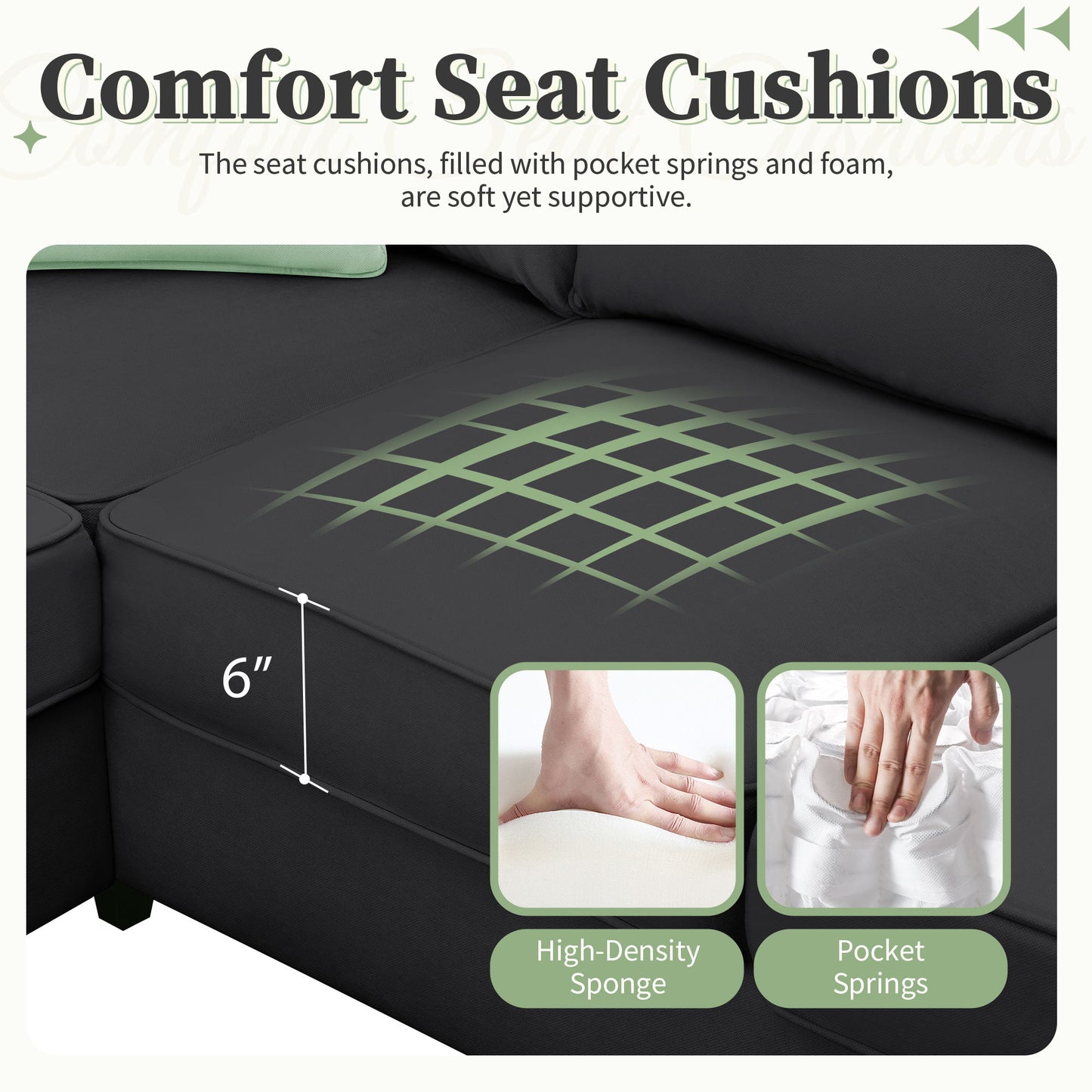 Sectional Sofa Couches Living Room Sets, 7 Seats Modular Sectional Sofa With Ottoman, L Shape Fabric Sofa Corner Couch Set With 3 Pillows - Black