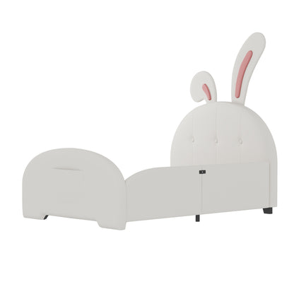 Twin Size Upholstered Rabbit-Shape Princess Bed, Twin Size Platform Bed With Headboard And Footboard - White