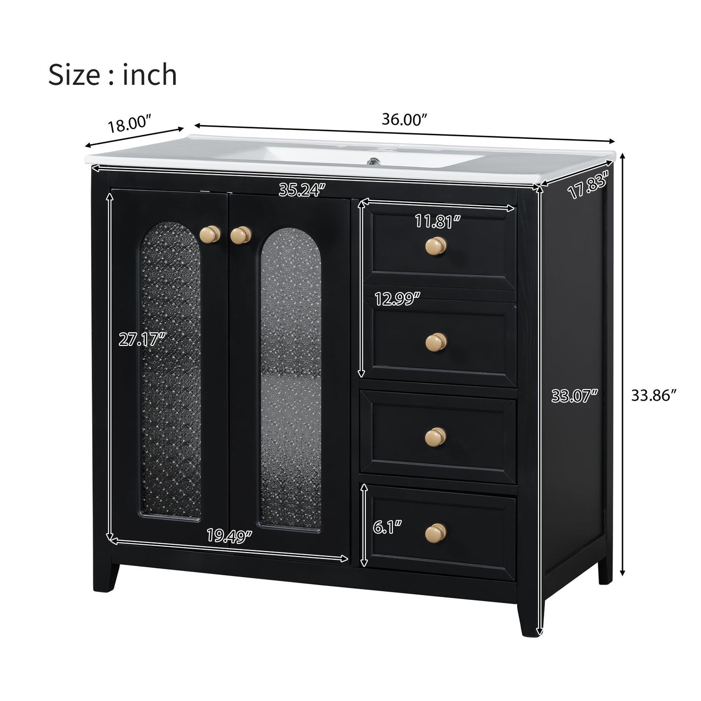 Bathroom Vanity With Two Soft Close Doors, Adjustable Shelves And Three Drawers - Black