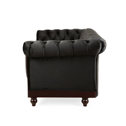 Chesterfield Velvet Loveseat Sofa, 2 Person Rolled Arm Upholstered Couch - Black