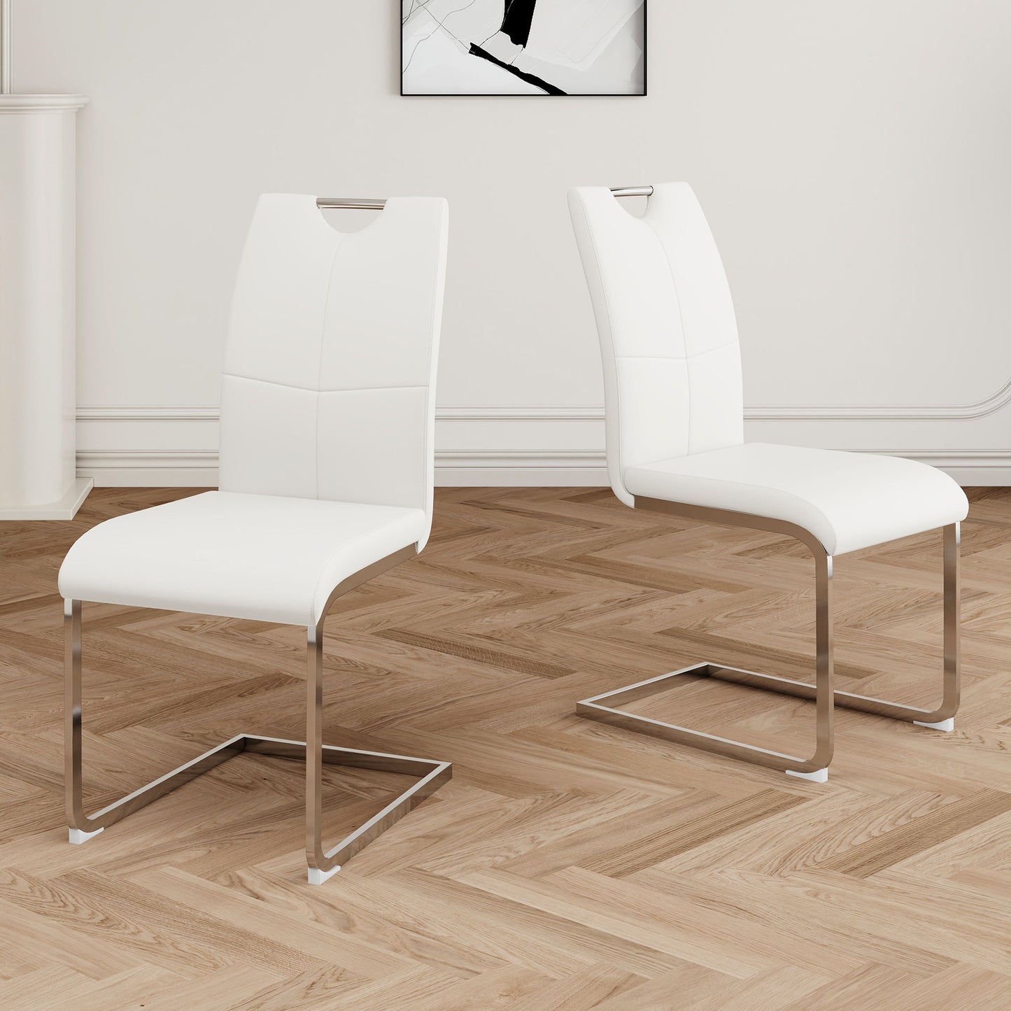 Modern Dining Chairs With Faux Leather Padded Seat And Chrome Metal Legs For Kitchen, Living, Bedroom, Dining Room - White / Silver