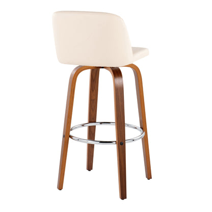 Toriano - Mid-Century Modern Fixed Height Barstool With Swivel And Round Footrest (Set of 2) - Walnut / Cream