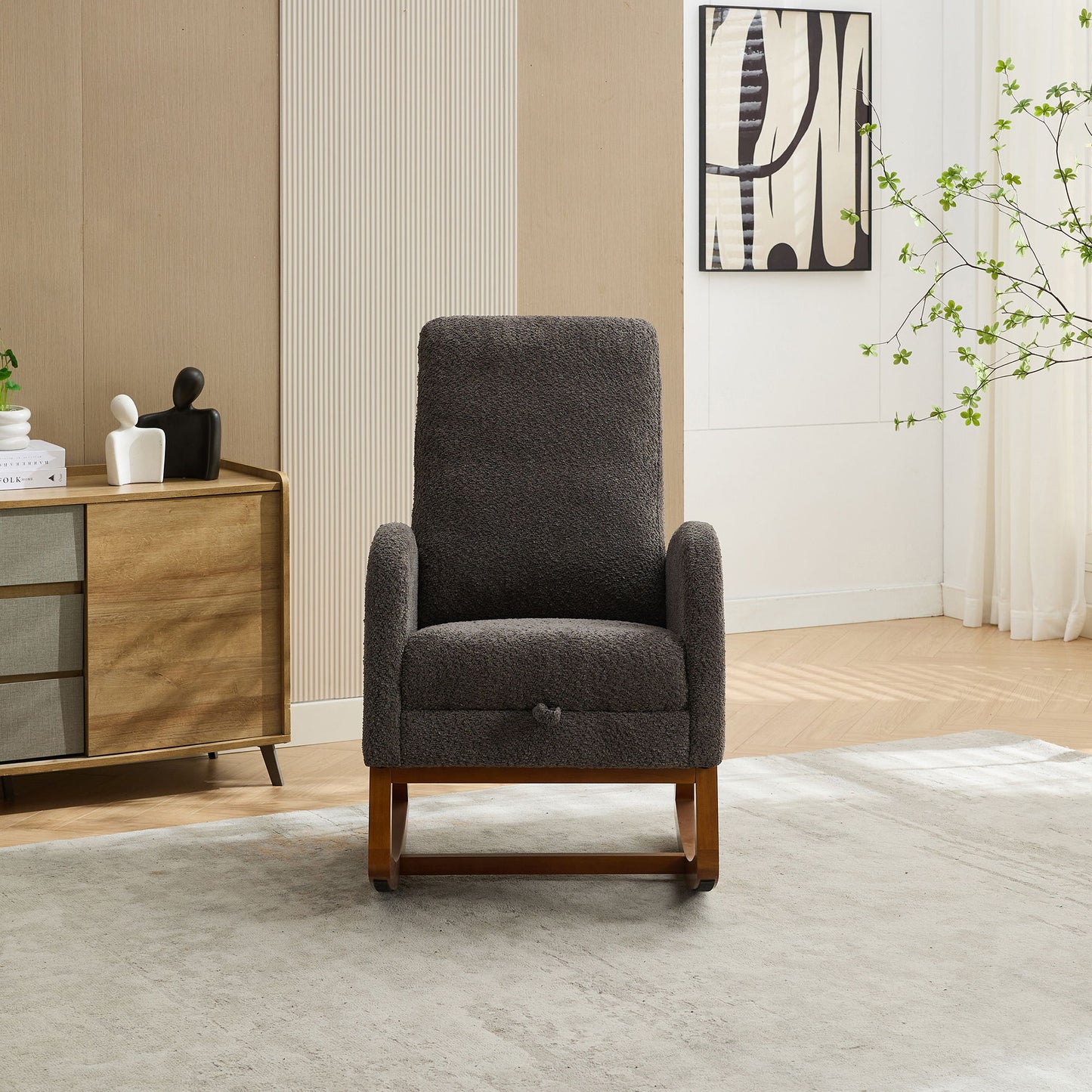 Rocking Chair For Nursery, High Back Glider Chair With Retractable Footrest, Side Pocket, Rocking Accent Armchair With Rubber Wood Legs For Living Room / Bedroom - Charcoal