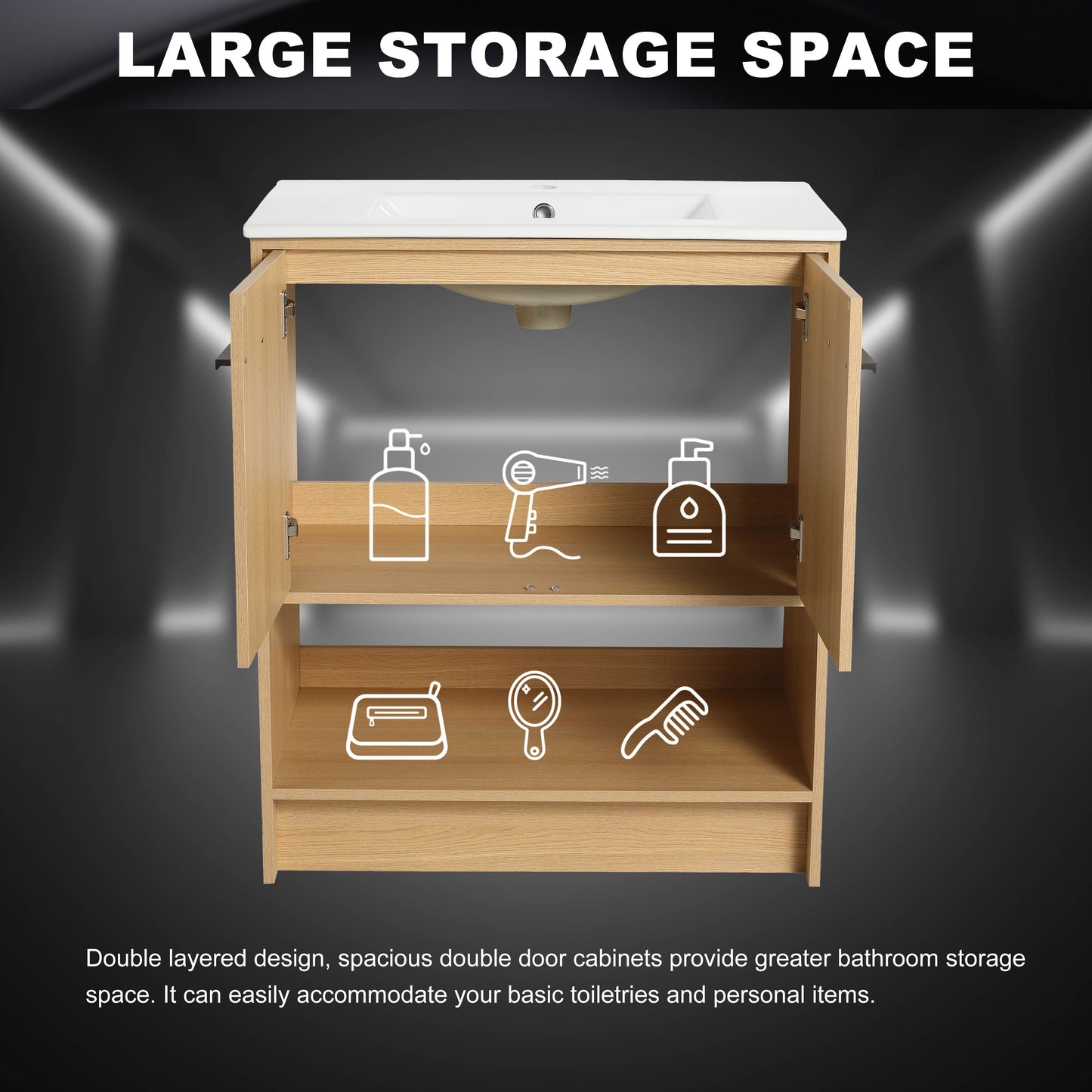 Modern 30" Bathroom Vanity With Ceramic Sink, Freestanding Cabinet, 2 Soft Closing Doors - Oak
