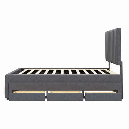 Full Size Upholstered Platform Bed With Twin Size Trundle And 3 Drawers - Gray