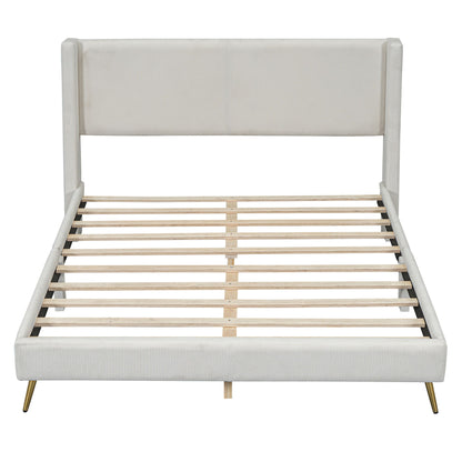 Queen Size Platform Bed With Legs, Frame And Tufted Headboard - Beige