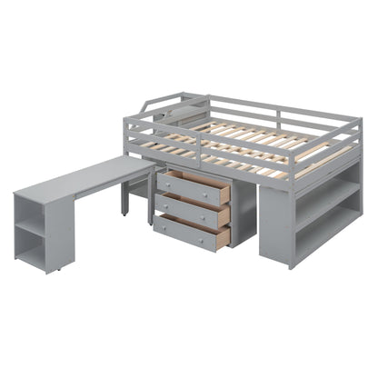 Full Size Loft Bed With Retractable Writing Desk And 3 Drawers With Storage Stairs And Shelves - Gray