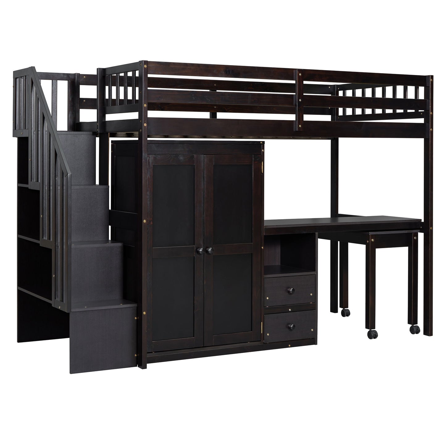 Twin Size Loft Bed With Stairs, Bookshelf, Drawers, Desk & Wardrobe, Space Saving Multifunctional Furniture - Espresso