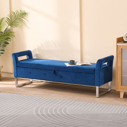 Wide Storage Soft Ottoman Bench With Armrests, Footrest Bed End Stool For Living Room, Dorm, Entryway And Bedroom - Navy