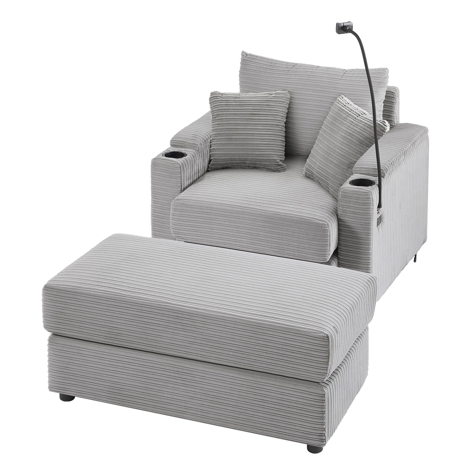 Modern Style Single Sofa Sofa Couch With Storage Space, A Movable Ottoman, Two USB Ports, Two Cup Holders, A Phone Holder For Living Room - Gray