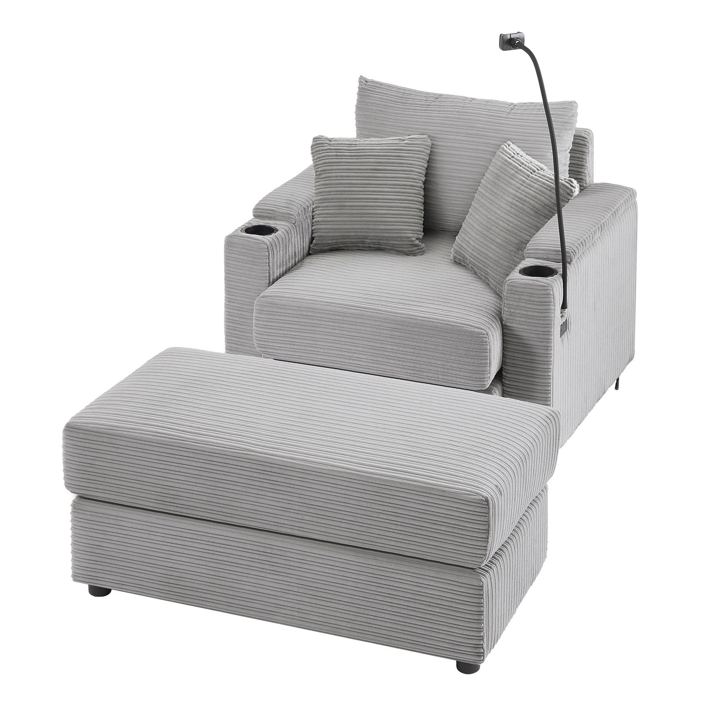 Modern Style Single Sofa Sofa Couch With Storage Space, A Movable Ottoman, Two USB Ports, Two Cup Holders, A Phone Holder For Living Room - Gray