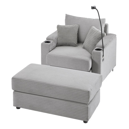 Modern Style Single Sofa Sofa Couch With Storage Space, A Movable Ottoman, Two USB Ports, Two Cup Holders, A Phone Holder For Living Room - Gray