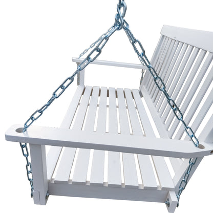 Front Porch Swing With Armrests For Outdoor Patio, Garden Yard, Backyard Or Sunroom - White
