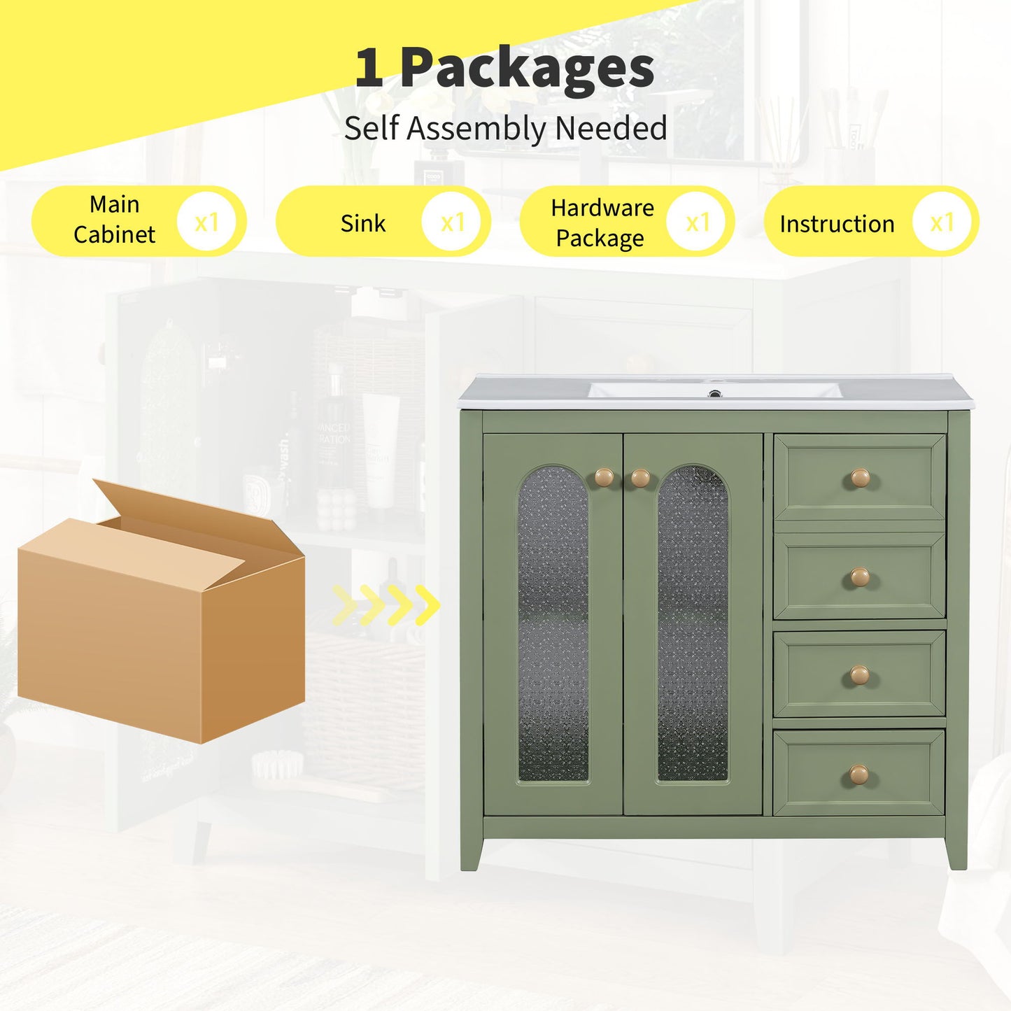 Bathroom Vanity With Two Soft Close Doors, Adjustable Shelves And Three Drawers - Green