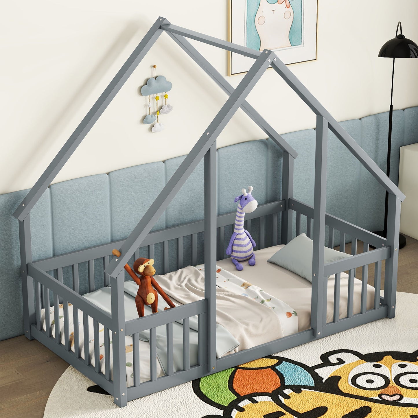 Twin Wood House-Shaped Floor Bed With Fence, Guardrails - Gray