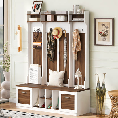5 In 1 Entryway Bench With Coat Rack, 7 Sturdy Hooks, 2 Spacious Drawers And Adjustable Shelves, Wide Hall Tree With Metal Handles For Hallway - Brown / White