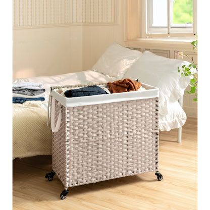 Laundry Hamper With Lid PE Rattan Powder Coating Frame Clothes Hampers With 2 Removable Bags, Wheels, 160L - Gray