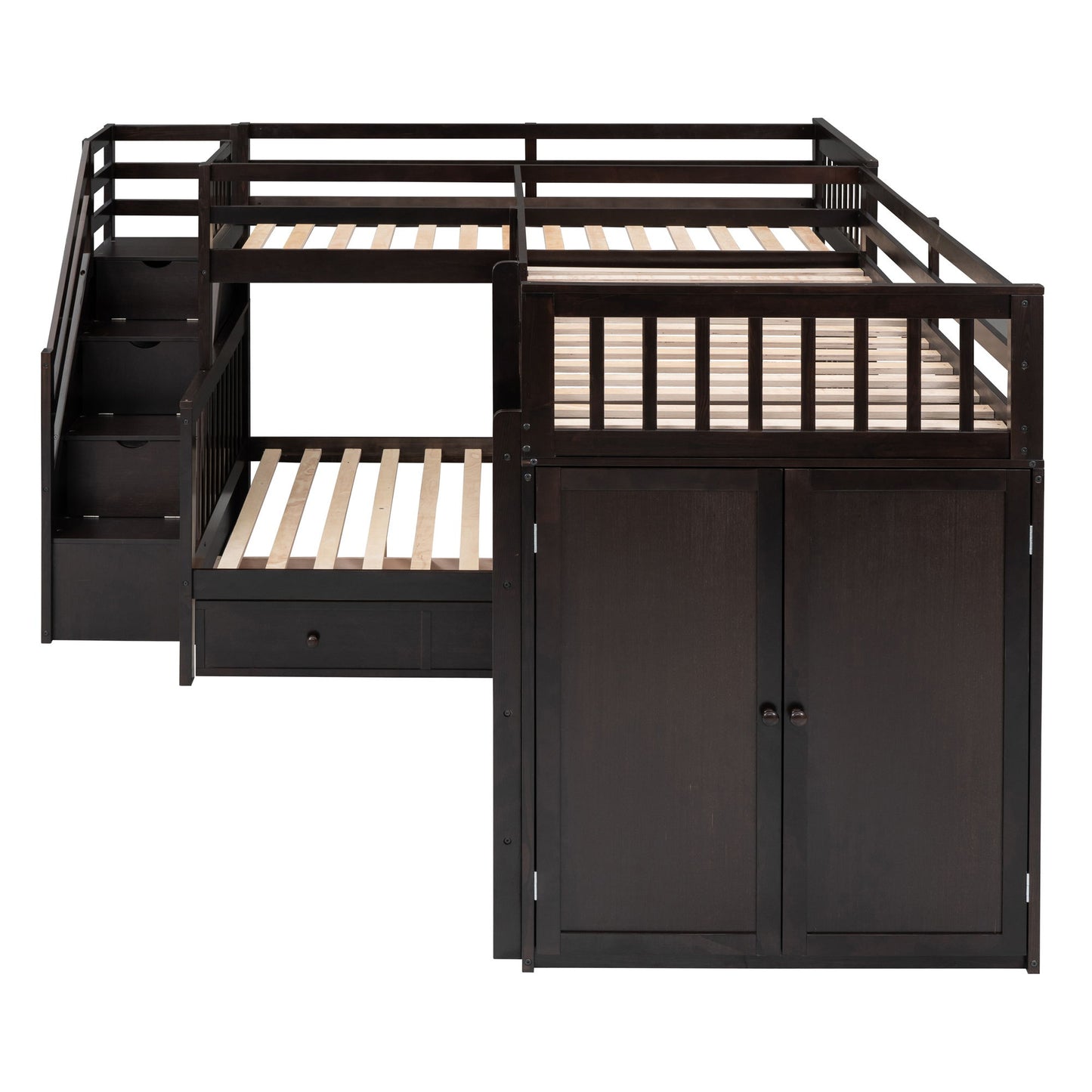 Twin Twin Over Full L Shaped Bunk Bed With 3 Drawers, Portable Desk And Wardrobe - Espresso