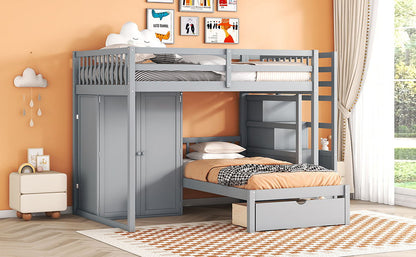 Full Over Twin Bunk Bed With Wardrobe, Drawers - Gray