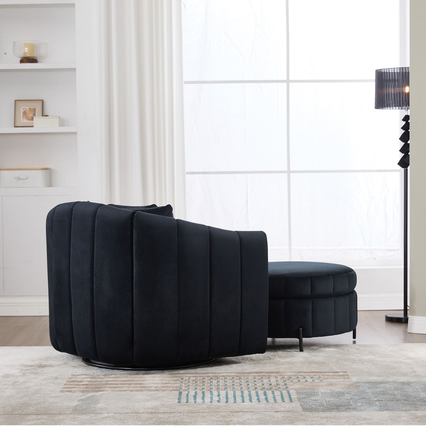 Oversized Swivel Barrel Accent Chair And Ottoman Set With Storage - Black