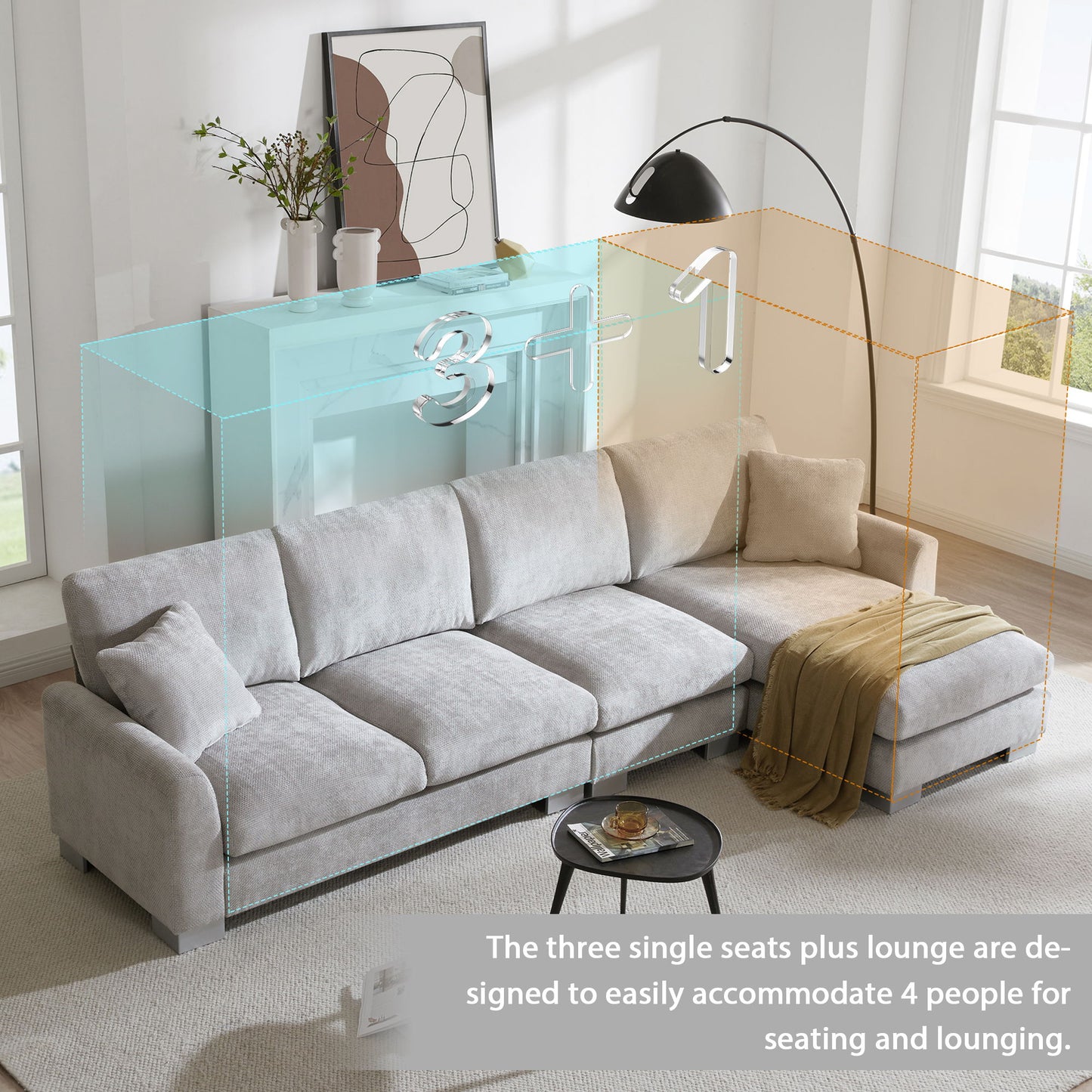 Modern Oversized Sectional Sofa, L-Shaped Luxury Couch Set With 2 Free Pillows, 5 Seat Chenille Indoor Furniture With Chaise - Light Gray