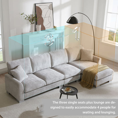 Modern Oversized Sectional Sofa, L-Shaped Luxury Couch Set With 2 Free Pillows, 5 Seat Chenille Indoor Furniture With Chaise - Light Gray