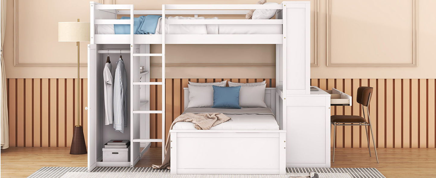 Full Size Loft Bed With A Twin Size Stand Alone Bed, Shelves, Desk, And Wardrobe - White