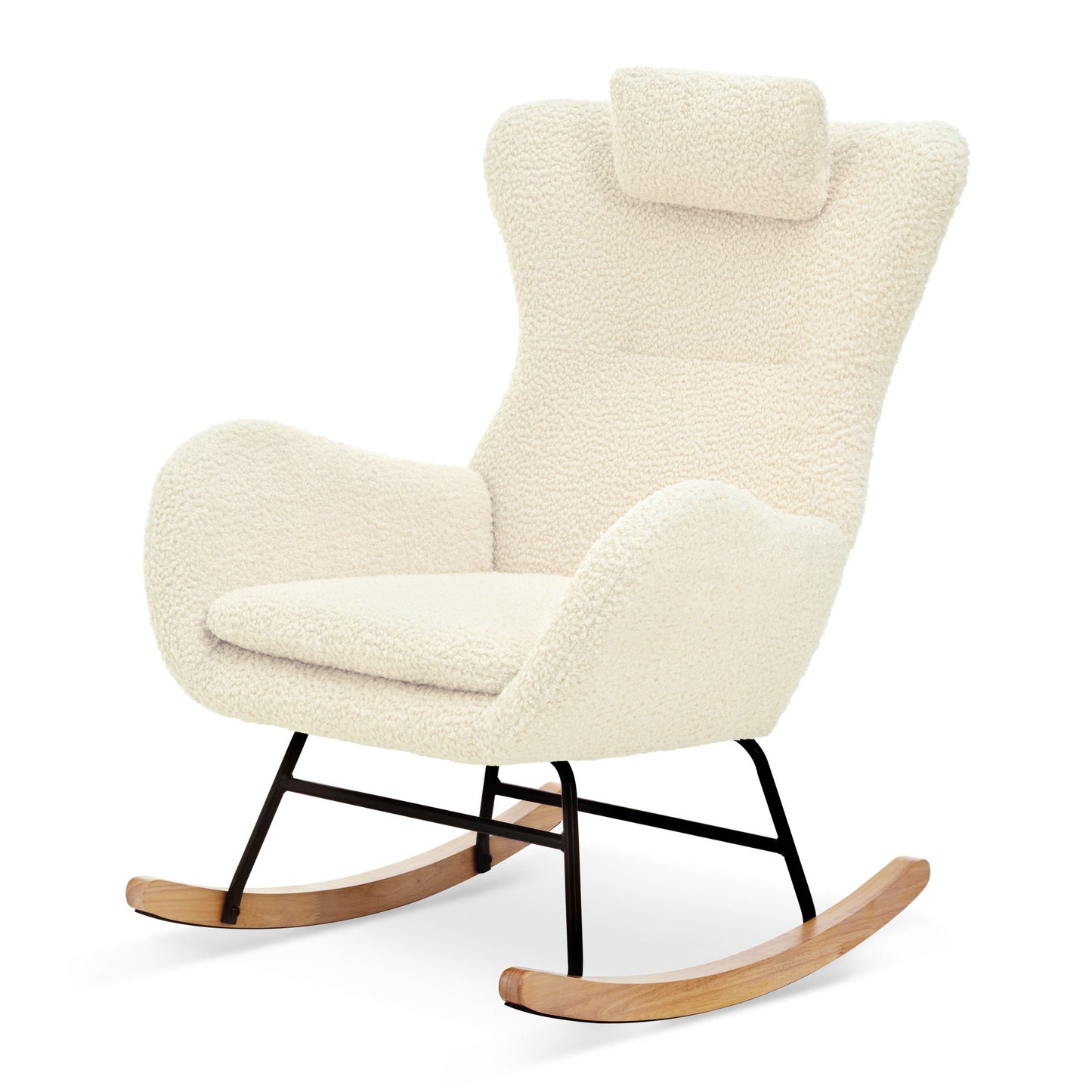 Rocking Chair Nursery, Teddy Upholstered Rocker Glider Chair With High Backrest, Adjustable Headrest & Pocket, Comfy Glider Chair For Nursery, Bedroom, Living Room, Offices, Rubber Wood - Beige