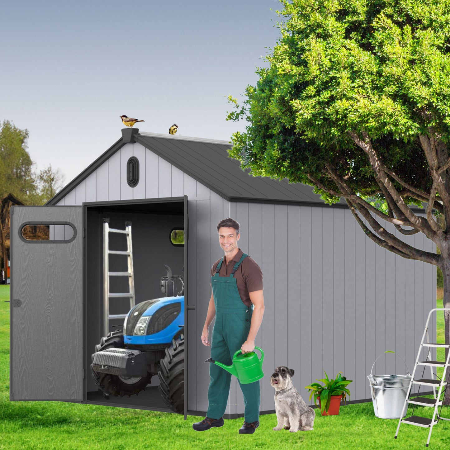1 Resin Plastic Storage Shed For Backyard Garden With Spire Tool Storage - Black / Gray