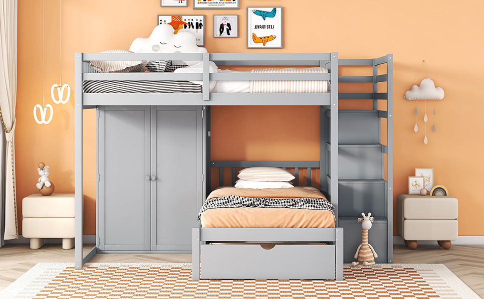 Full Over Twin Bunk Bed With Wardrobe, Drawers - Gray