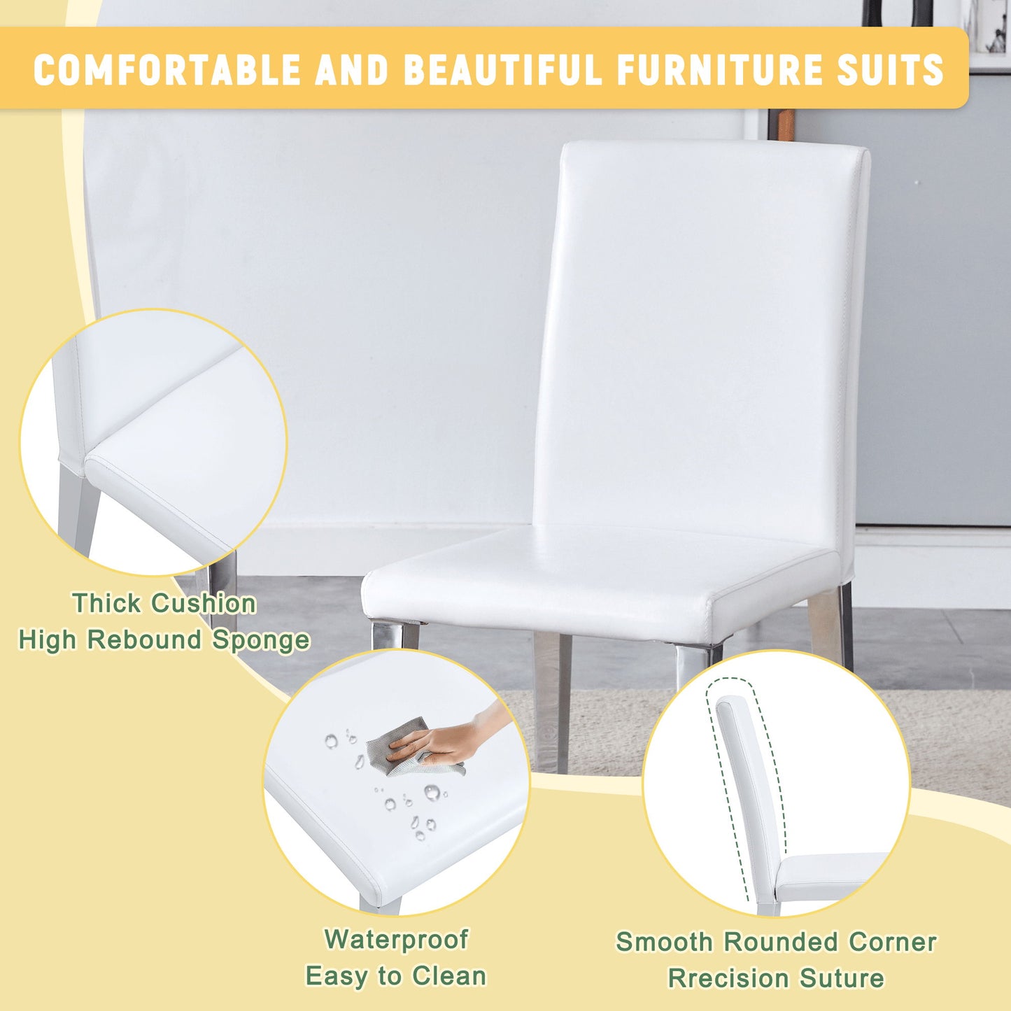 (Set of 4) Backrest Chairs With Silver Metal Legs The Perfect Combination, Suitable For Minimalist And Modern Home Styles - White / Silver