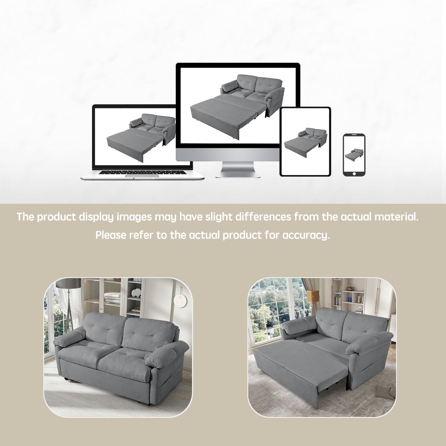 Modern Convertible Sleeper Sofa Bed With Pull Out Queen Design, Side Storage & Thick Cushions Chenille Loveseat For Living Room Or Bedroom 3 In 1 Function - Gray
