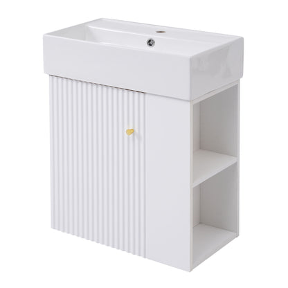 Modern Floating Bathroom Vanity With Ceramic Basin Perfect For Small Bathrooms, Right Side Storage - White