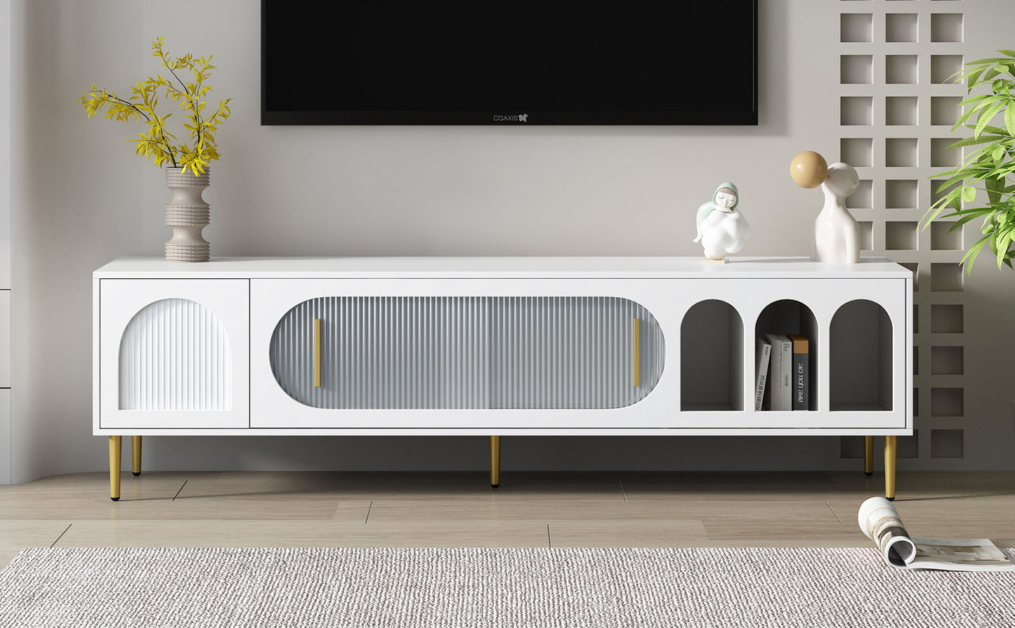 Modern TV Stand For Up To 70" TV, Entertainment Center TV Media Console Table, With 3 Shelves And 2 Cabinets, TV Console Cabinet Furniture For Living Room - White