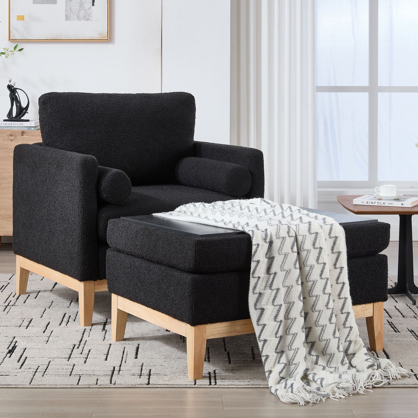 Farmhouse Upholstered Accent Chair With Ottoman Wood Base, Reversible Lid Coffee Table For Living Room - Black
