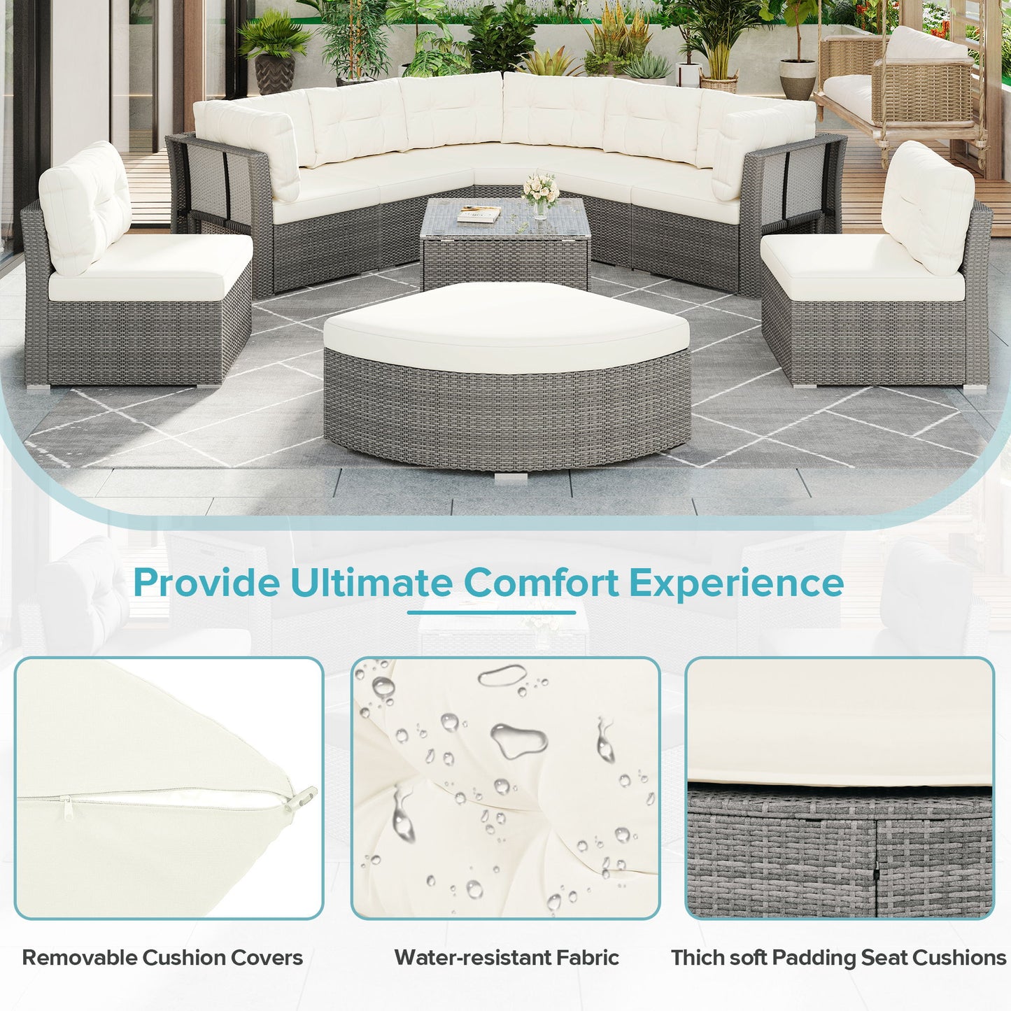 Patio Furniture Set Outdoor Daybed Rattan Sectional With Cushions And Center Table - Beige