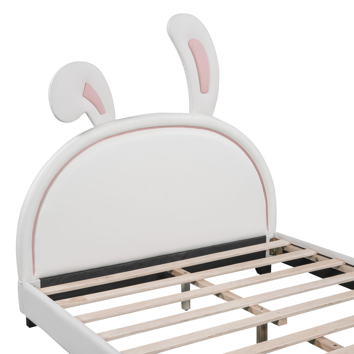 Full Size Upholstered Leather Platform Bed With Rabbit Ornament - White