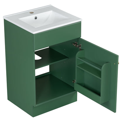 20" Bathroom Vanity With Sink, Freestanding Cabinet With Door Shelf And Adjustable Shelf, And Ceramic Construction - Green