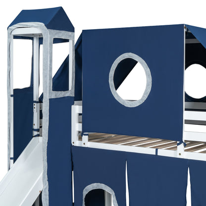 Twin Size Loft Bed With Tent And Tower - Blue
