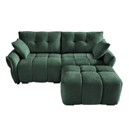Modern Fabric 2 Seater Sofa With Ottoman Minimalist Design - Green