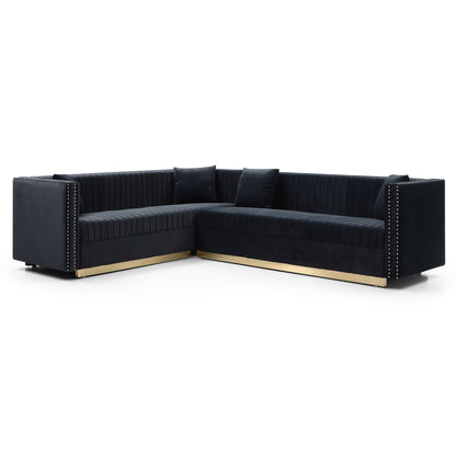 Contemporary Vertical Channel Tufted Velvet Sectional Sofa For Living Room With 4 Pillows - Black