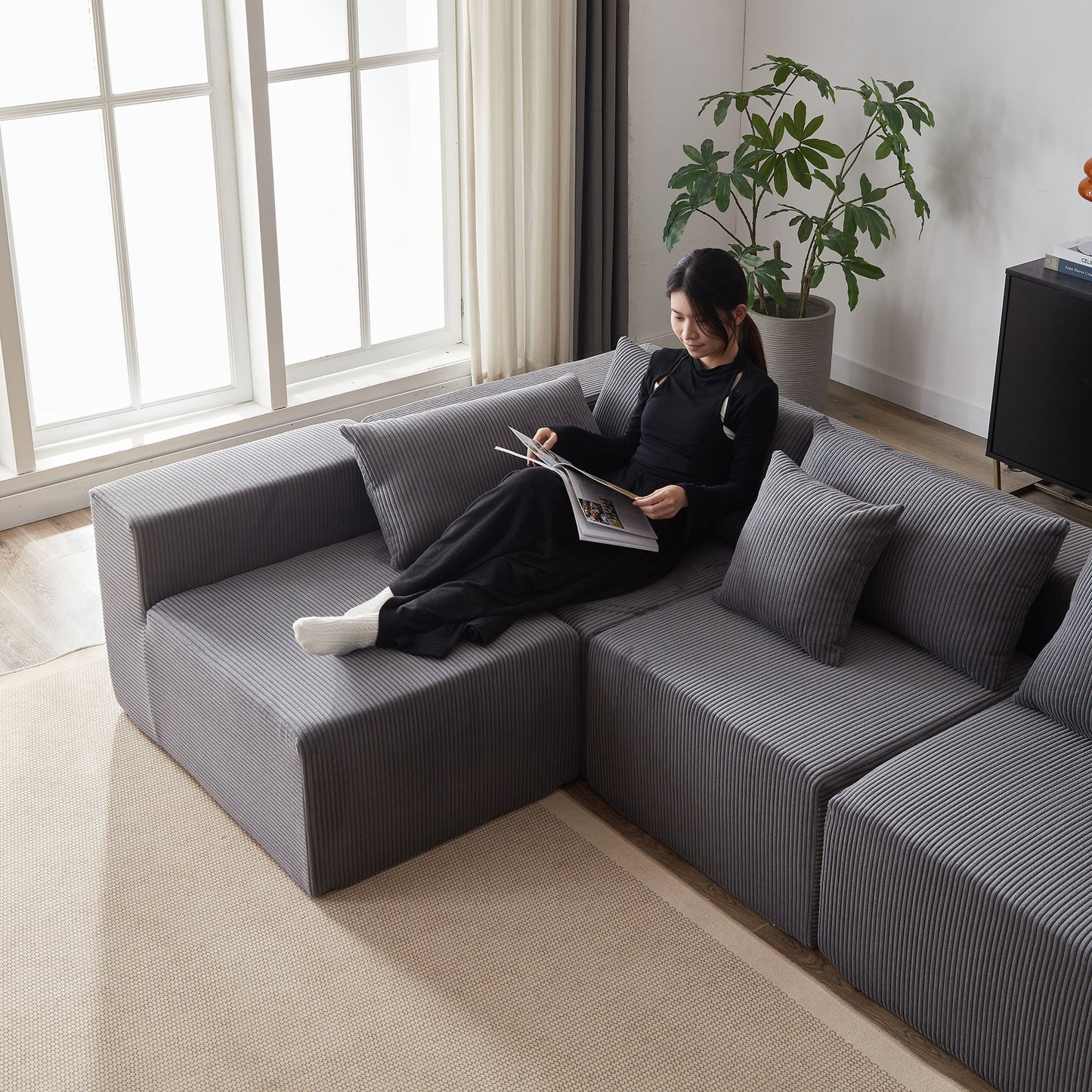 Corduroy Modular L Shaped Sectional Sofa, Luxury Floor Couch Set, 4 Piece Free Combination - Gray