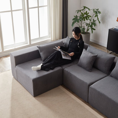 Corduroy Modular L Shaped Sectional Sofa, Luxury Floor Couch Set, 4 Piece Free Combination - Gray