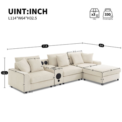 Sectional With Bluetooth Speakers L Shaped Couch With Console USB Charger, Cup Holders Storage Ottoman Deep And Wide Seat Cloud Sofa - Cream
