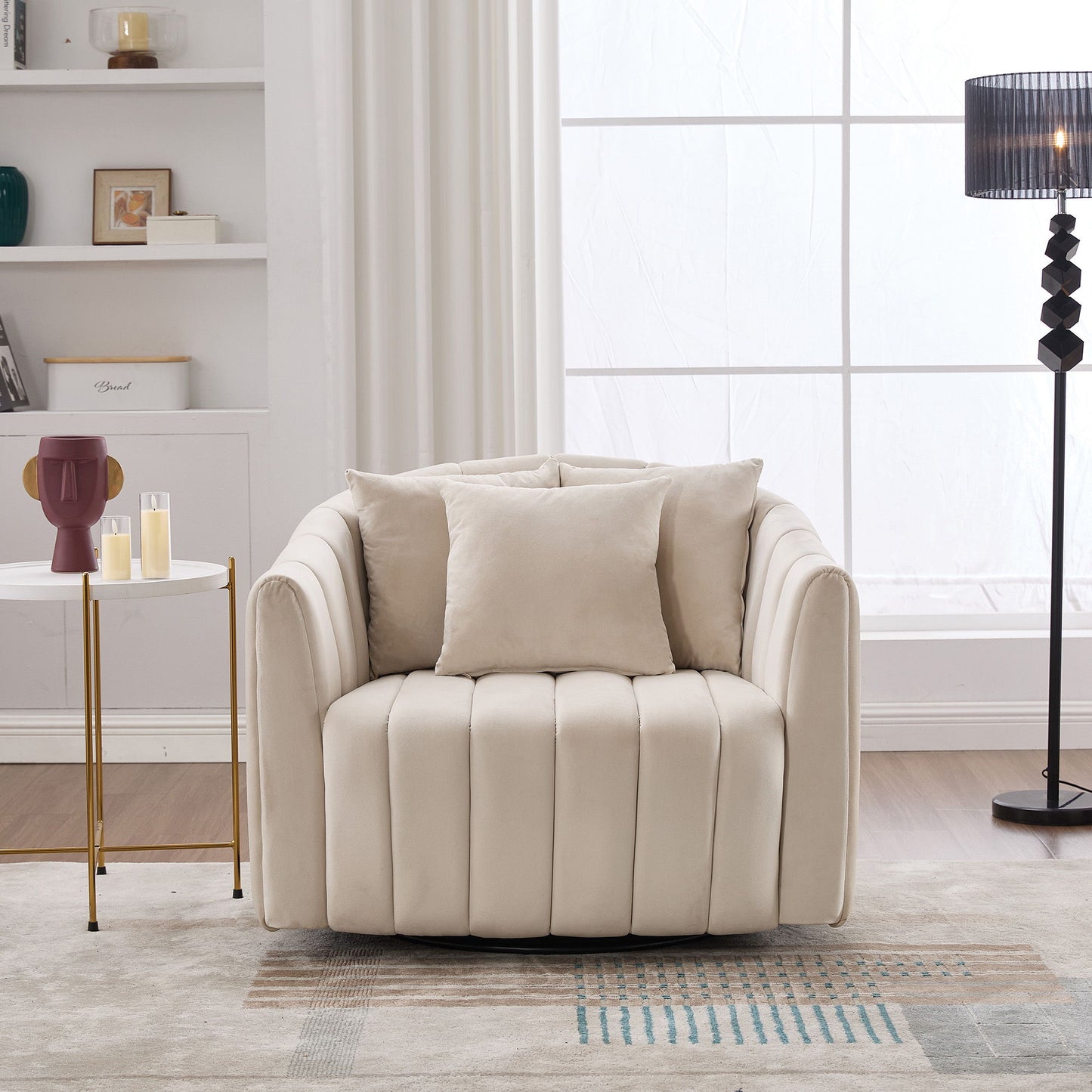 Upholstered Oversized 360 Degree Swivel Accent Barrel Chair And Half Cozy Sofa With 3 Pillows, Channel Tufted Pumpkin Shape Club Armchair For Living Room, Bedroom, Office, Lounge - Beige
