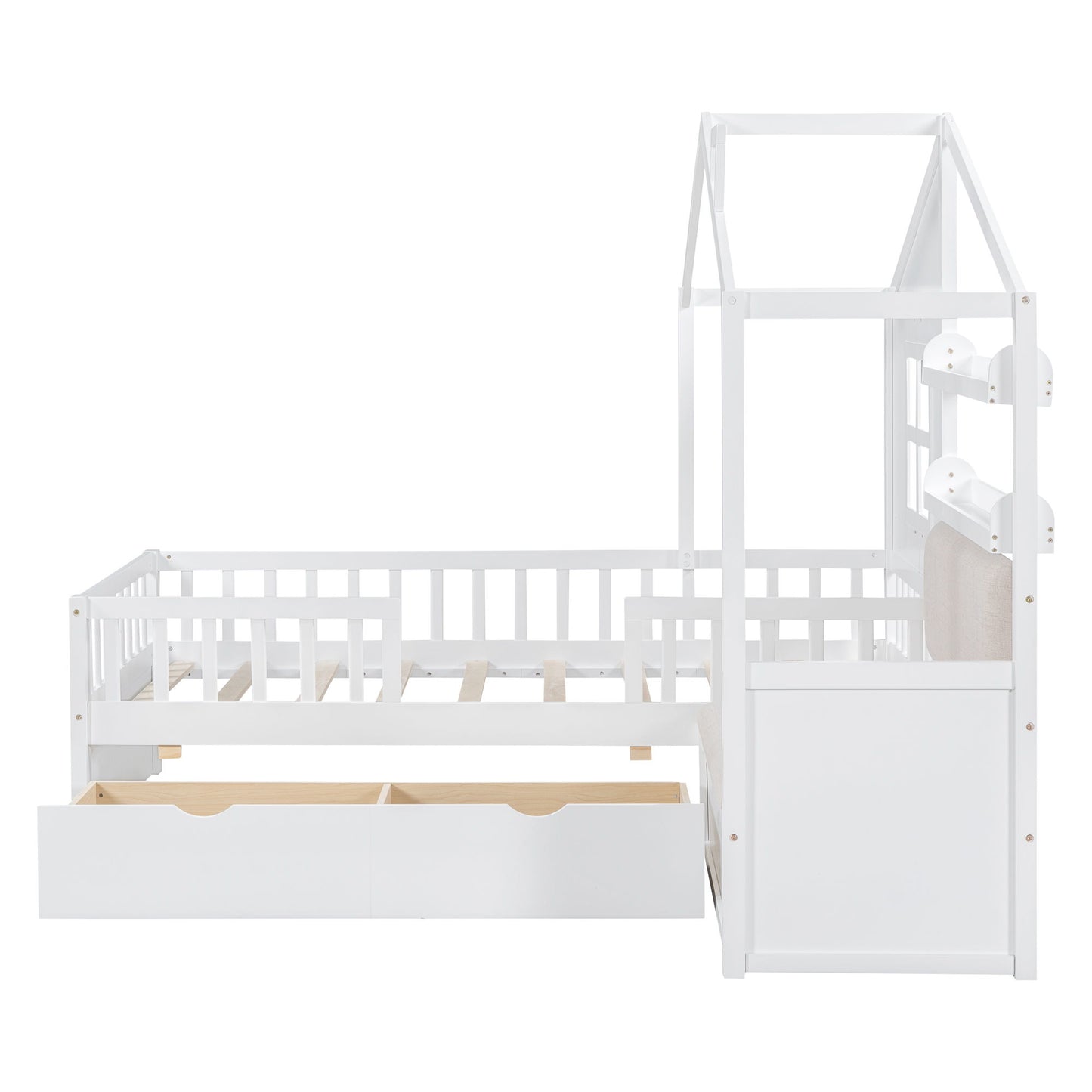 Twin Size House Bed With Sofa, Kids Platform Bed With 2 Drawers And Storage Shelf - White